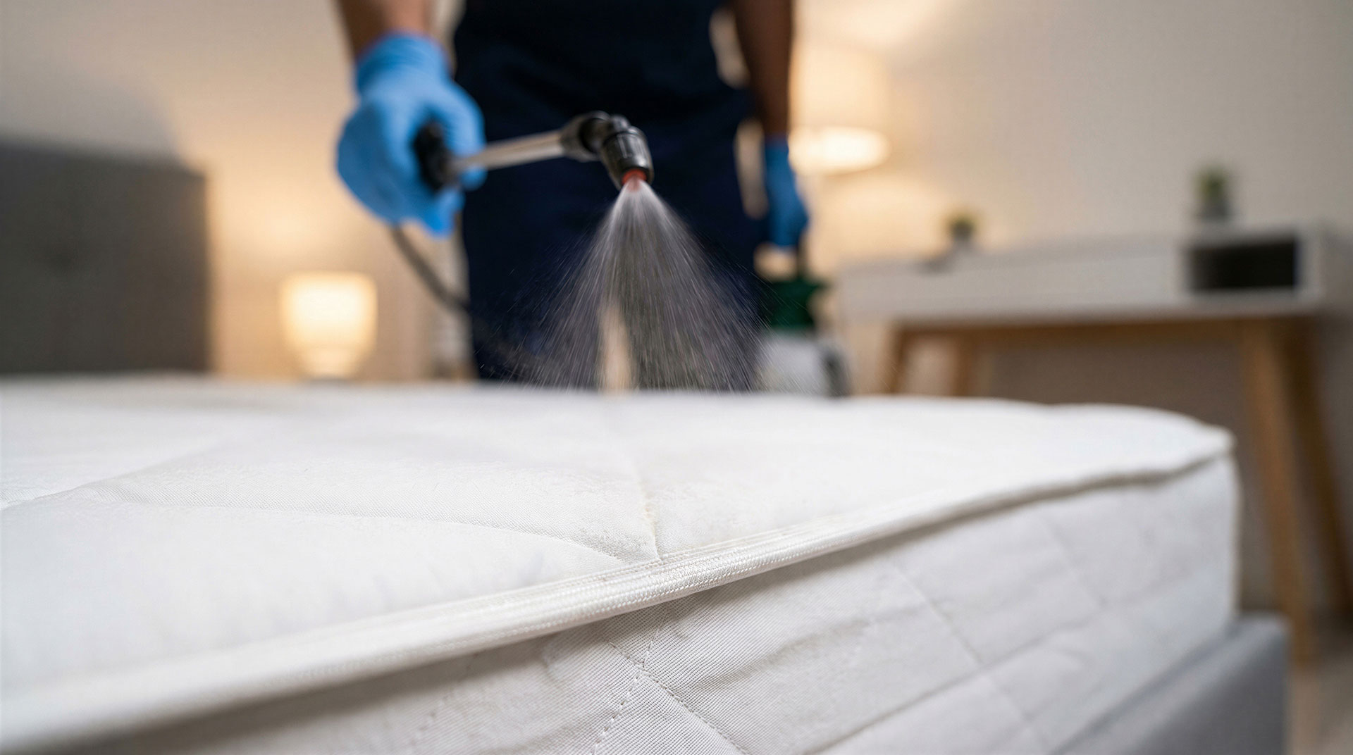 service technician spraying for bedbugs